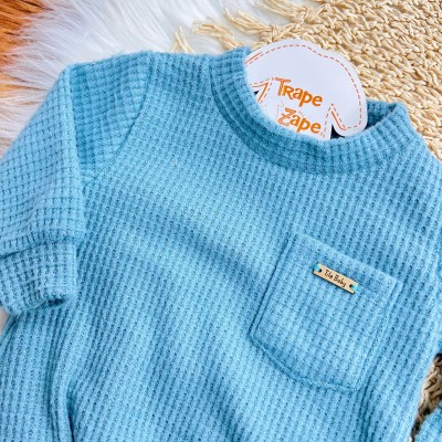 Conj. Casaco Malha Wafle e Calça - Azul